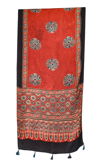 Ajrakh Modal Silk Natural Dye Hand Block Print Stole With Tassels - 2 Mtr Length    -  SKU : EK11A01J