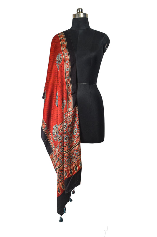 Ajrakh Modal Silk Natural Dye Hand Block Print Stole With Tassels - 2 Mtr Length    -  SKU : EK11A01J