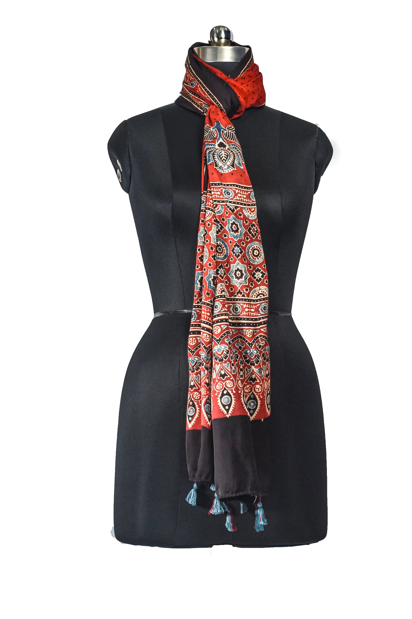 Ajrakh Modal Silk Natural Dye Hand Block Print Stole With Tassels - 2 Mtr Length    -  SKU : EK11A01J