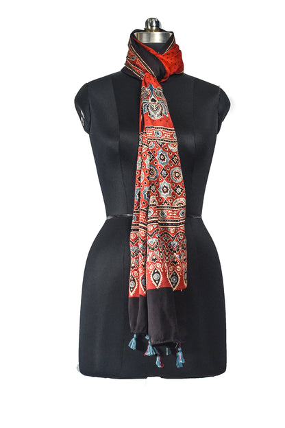 Ajrakh Modal Silk Natural Dye Hand Block Print Stole With Tassels - 2 Mtr Length    -  SKU : EK11A01J