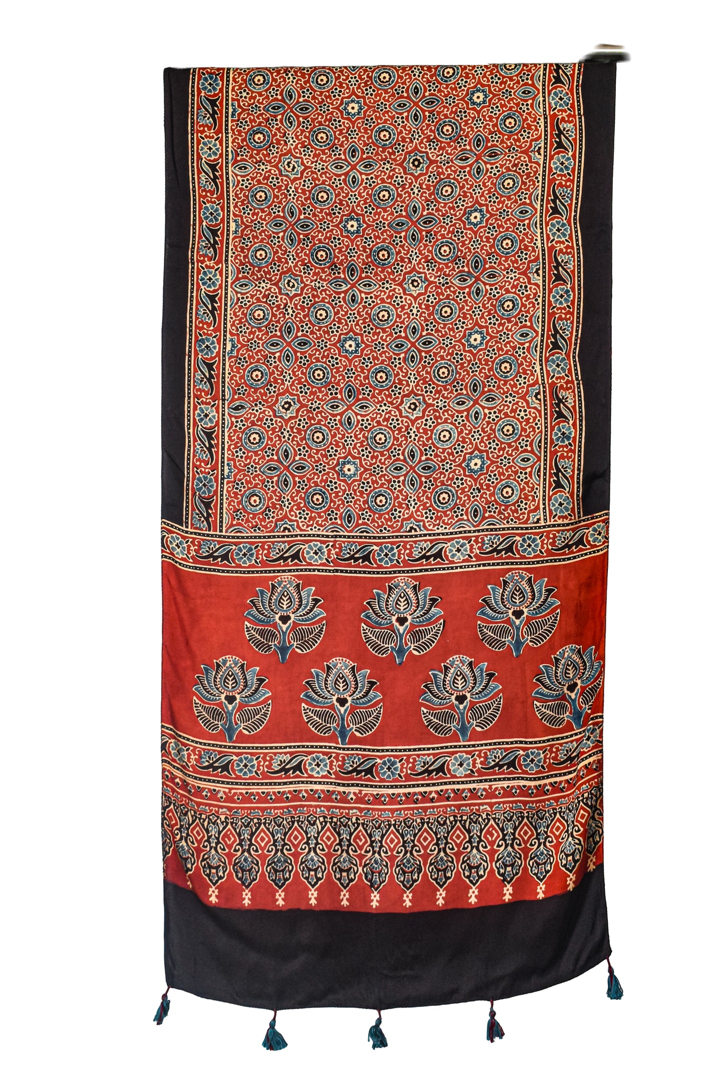 Ajrakh Modal Silk Natural Dye Hand Block Print Stole With Tassels - 2 Mtr Length    -  SKU : EK11A01O
