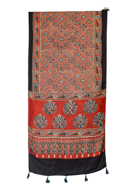 Ajrakh Modal Silk Natural Dye Hand Block Print Stole With Tassels - 2 Mtr Length    -  SKU : EK11A01O