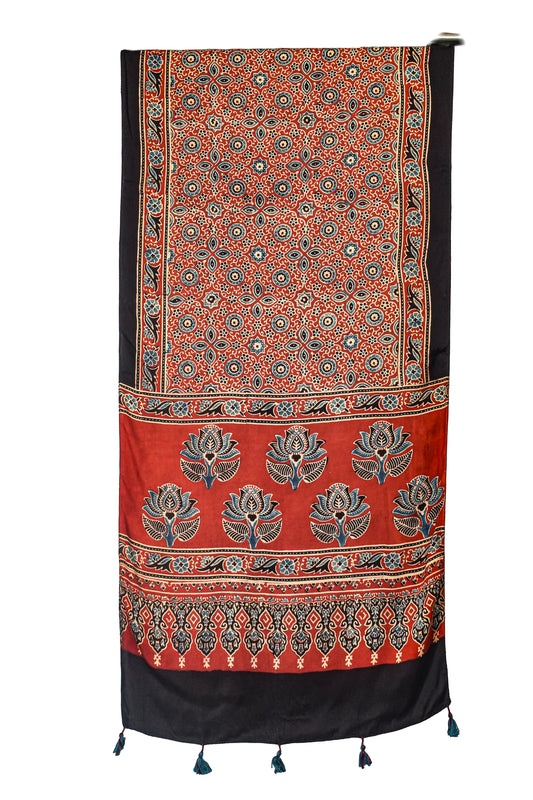 Ajrakh Modal Silk Natural Dye Hand Block Print Stole With Tassels - 2 Mtr Length    -  SKU : EK11A01O