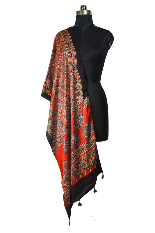 Ajrakh Modal Silk Natural Dye Hand Block Print Stole With Tassels - 2 Mtr Length    -  SKU : EK11A01O
