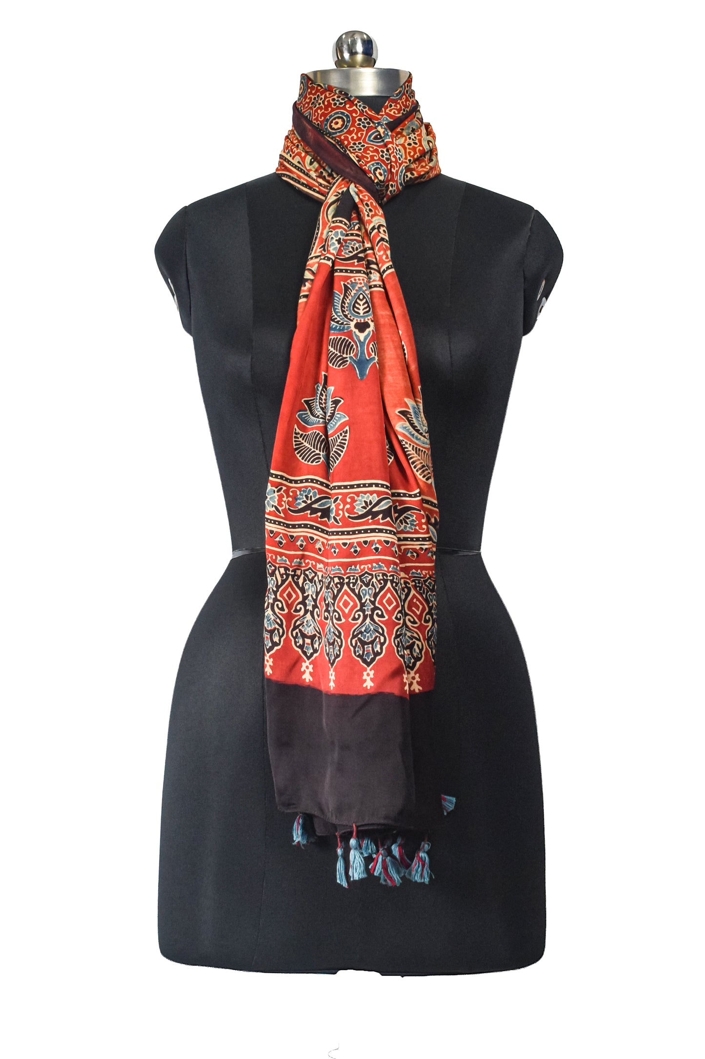 Ajrakh Modal Silk Natural Dye Hand Block Print Stole With Tassels - 2 Mtr Length    -  SKU : EK11A01O