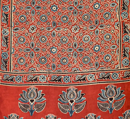 Ajrakh Modal Silk Natural Dye Hand Block Print Stole With Tassels - 2 Mtr Length    -  SKU : EK11A01O