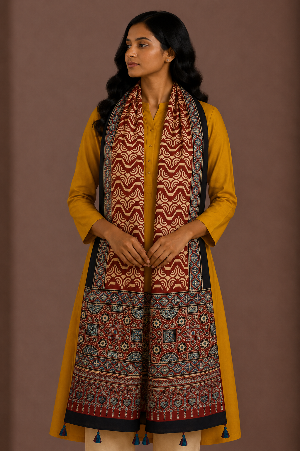 Ajrakh Modal Silk Natural Dye Hand Block Print Stole With Tassels - 2 Mtr Length    -  SKU : EK11A01R