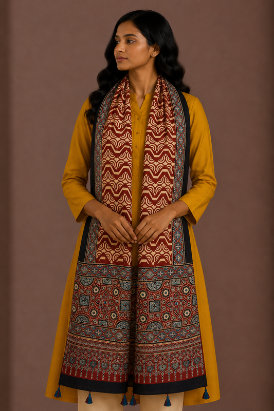Ajrakh Modal Silk Natural Dye Hand Block Print Stole With Tassels - 2 Mtr Length    -  SKU : EK11A01R