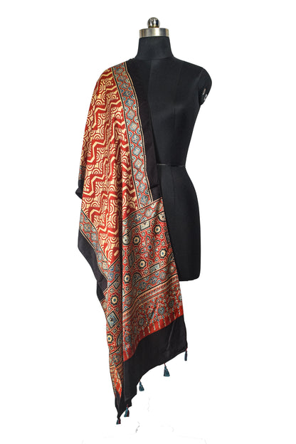 Ajrakh Modal Silk Natural Dye Hand Block Print Stole With Tassels - 2 Mtr Length    -  SKU : EK11A01R