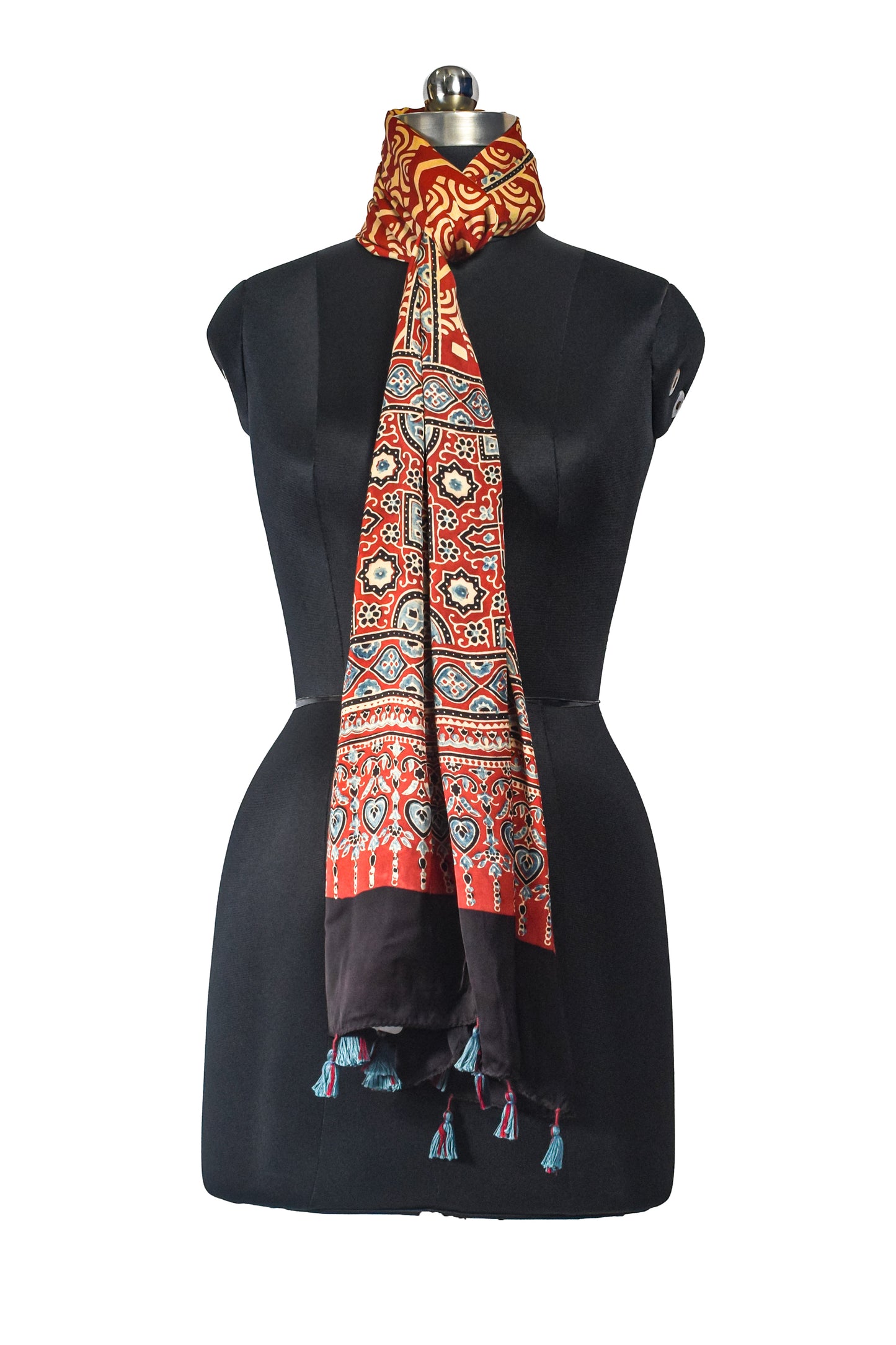 Ajrakh Modal Silk Natural Dye Hand Block Print Stole With Tassels - 2 Mtr Length    -  SKU : EK11A01R