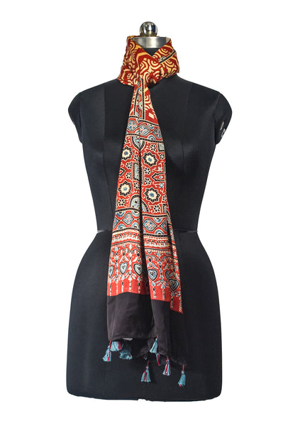 Ajrakh Modal Silk Natural Dye Hand Block Print Stole With Tassels - 2 Mtr Length    -  SKU : EK11A01R