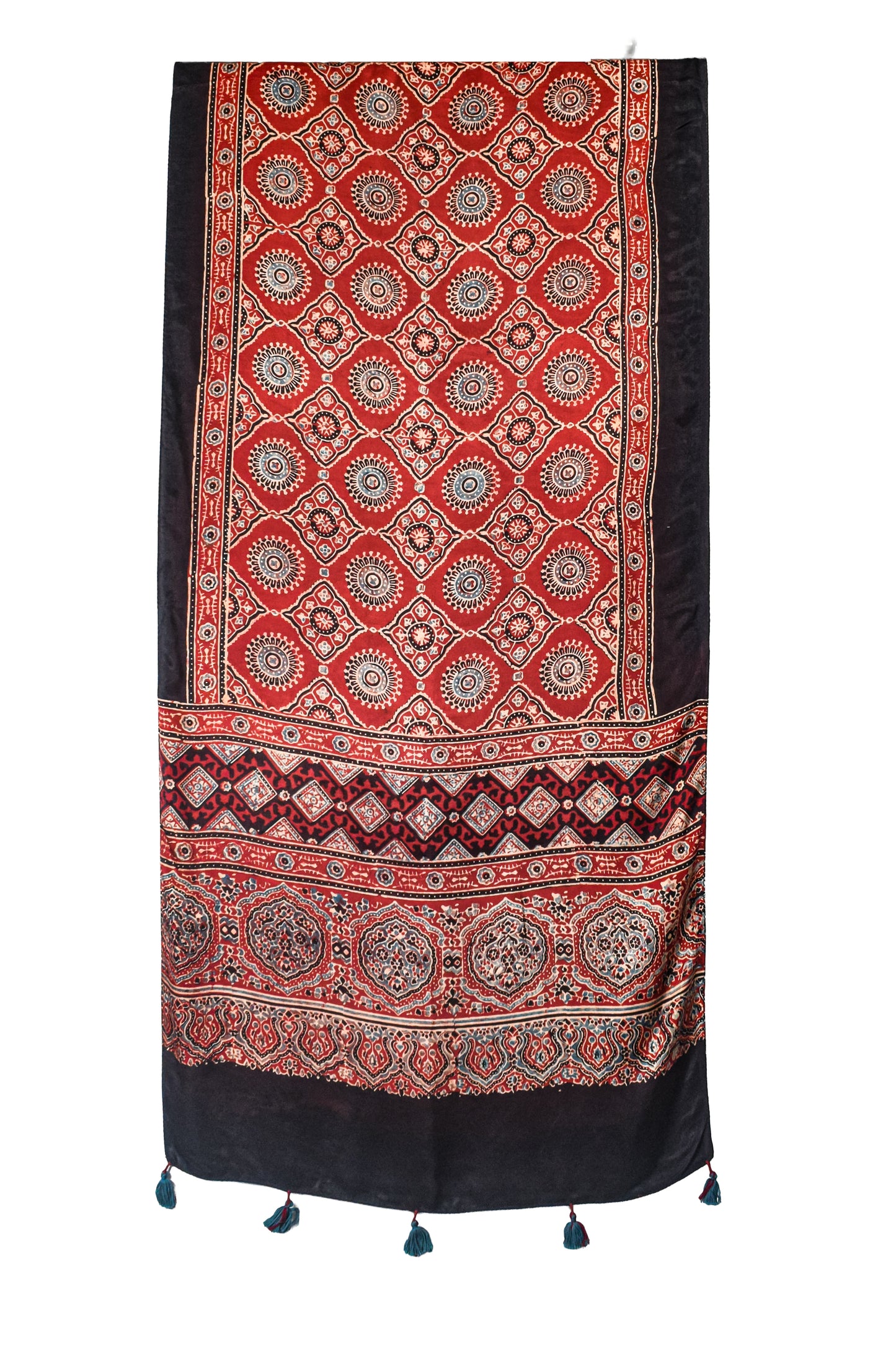 Ajrakh Modal Silk Natural Dye Hand Block Print Stole With Tassels - 2 Mtr Length    -  SKU : EK11A01W