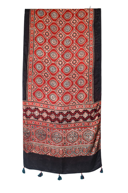 Ajrakh Modal Silk Natural Dye Hand Block Print Stole With Tassels - 2 Mtr Length    -  SKU : EK11A01W