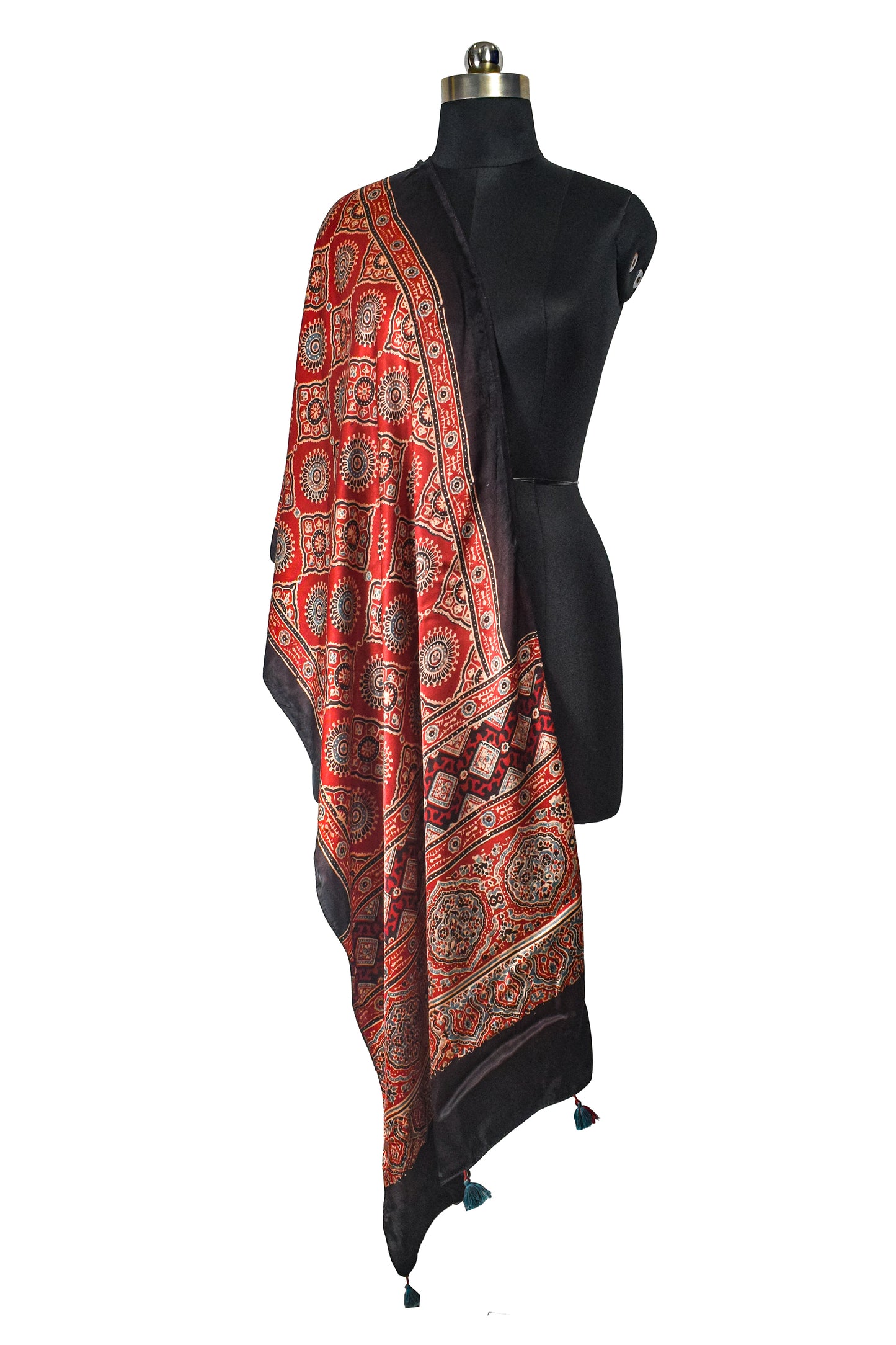 Ajrakh Modal Silk Natural Dye Hand Block Print Stole With Tassels - 2 Mtr Length    -  SKU : EK11A01W