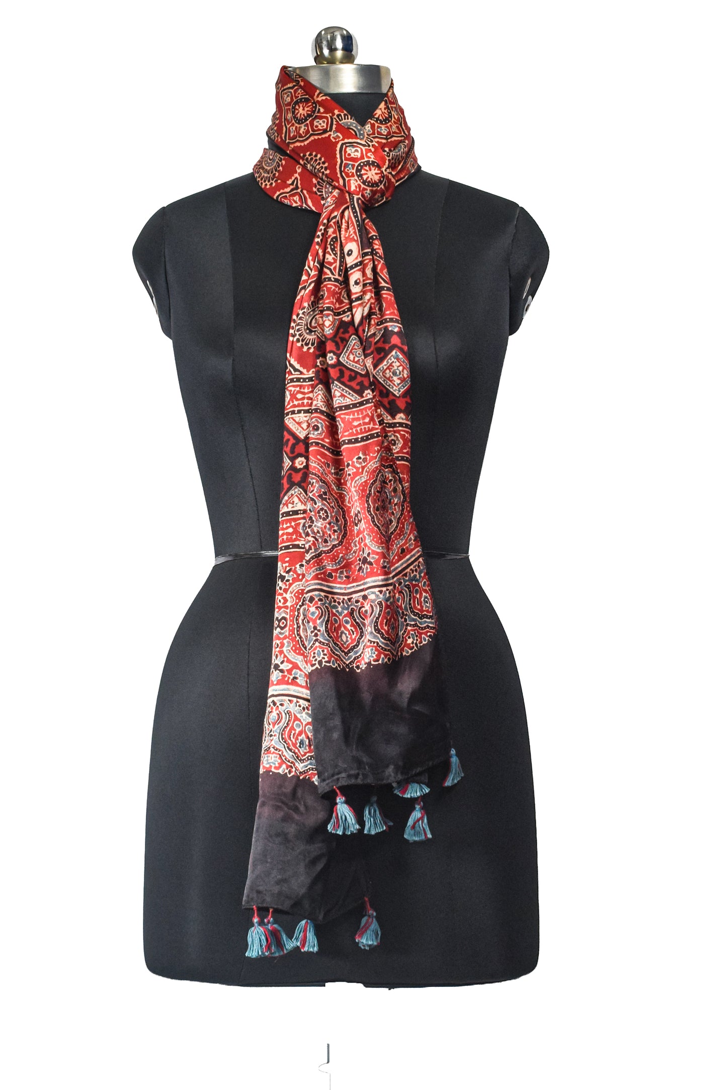Ajrakh Modal Silk Natural Dye Hand Block Print Stole With Tassels - 2 Mtr Length    -  SKU : EK11A01W