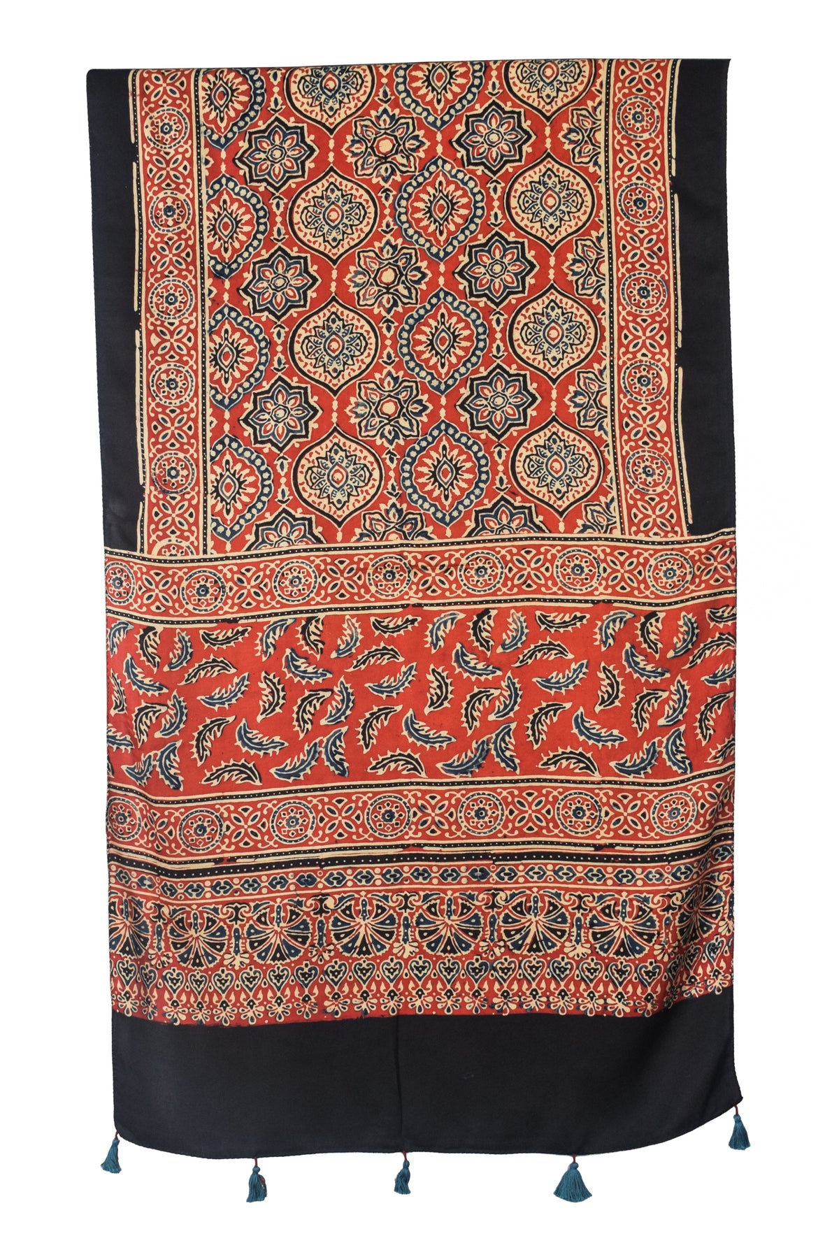 Ajrakh Modal Silk Natural Dye Hand Block Print Stole With Tassels - 2 Mtr Length   -  SKU : EK28901L