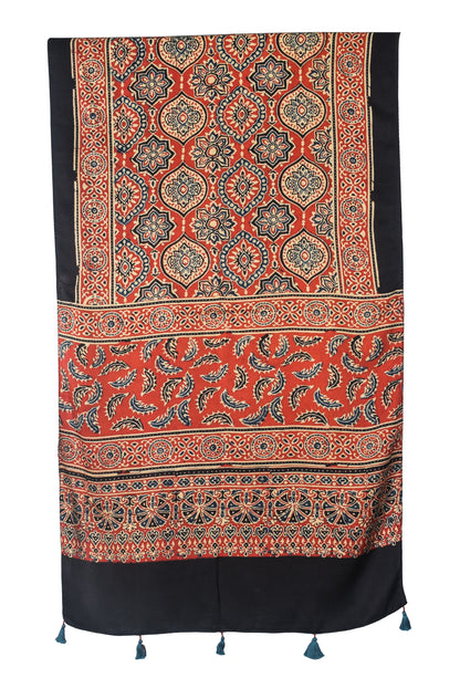Ajrakh Modal Silk Natural Dye Hand Block Print Stole With Tassels - 2 Mtr Length   -  SKU : EK28901L