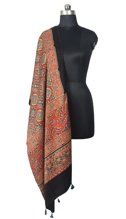 Ajrakh Modal Silk Natural Dye Hand Block Print Stole With Tassels - 2 Mtr Length   -  SKU : EK28901L