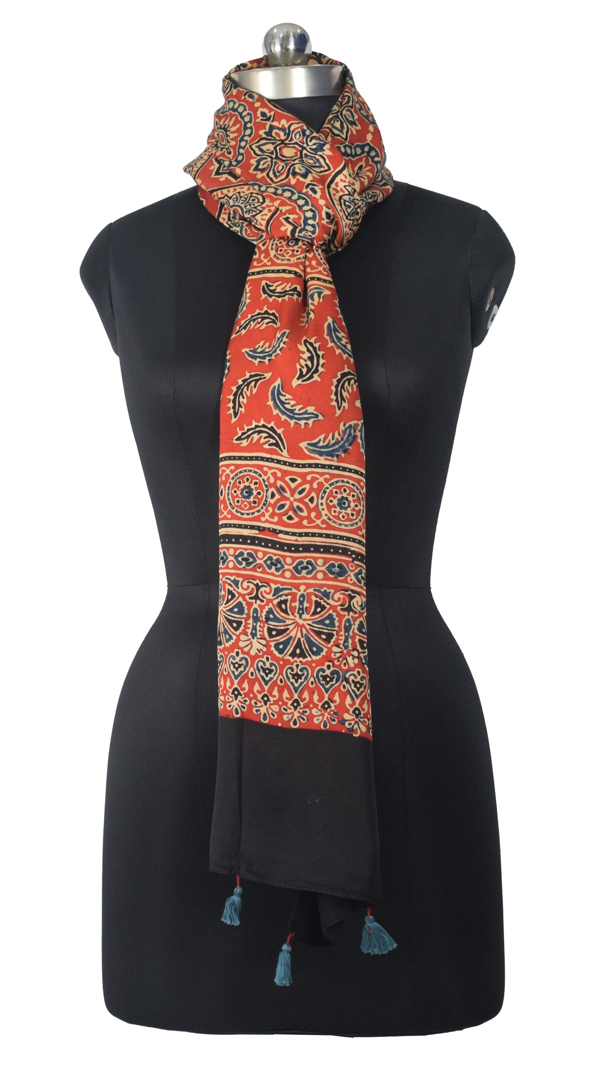 Ajrakh Modal Silk Natural Dye Hand Block Print Stole With Tassels - 2 Mtr Length   -  SKU : EK28901L