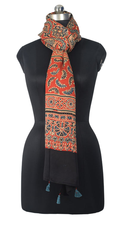 Ajrakh Modal Silk Natural Dye Hand Block Print Stole With Tassels - 2 Mtr Length   -  SKU : EK28901L