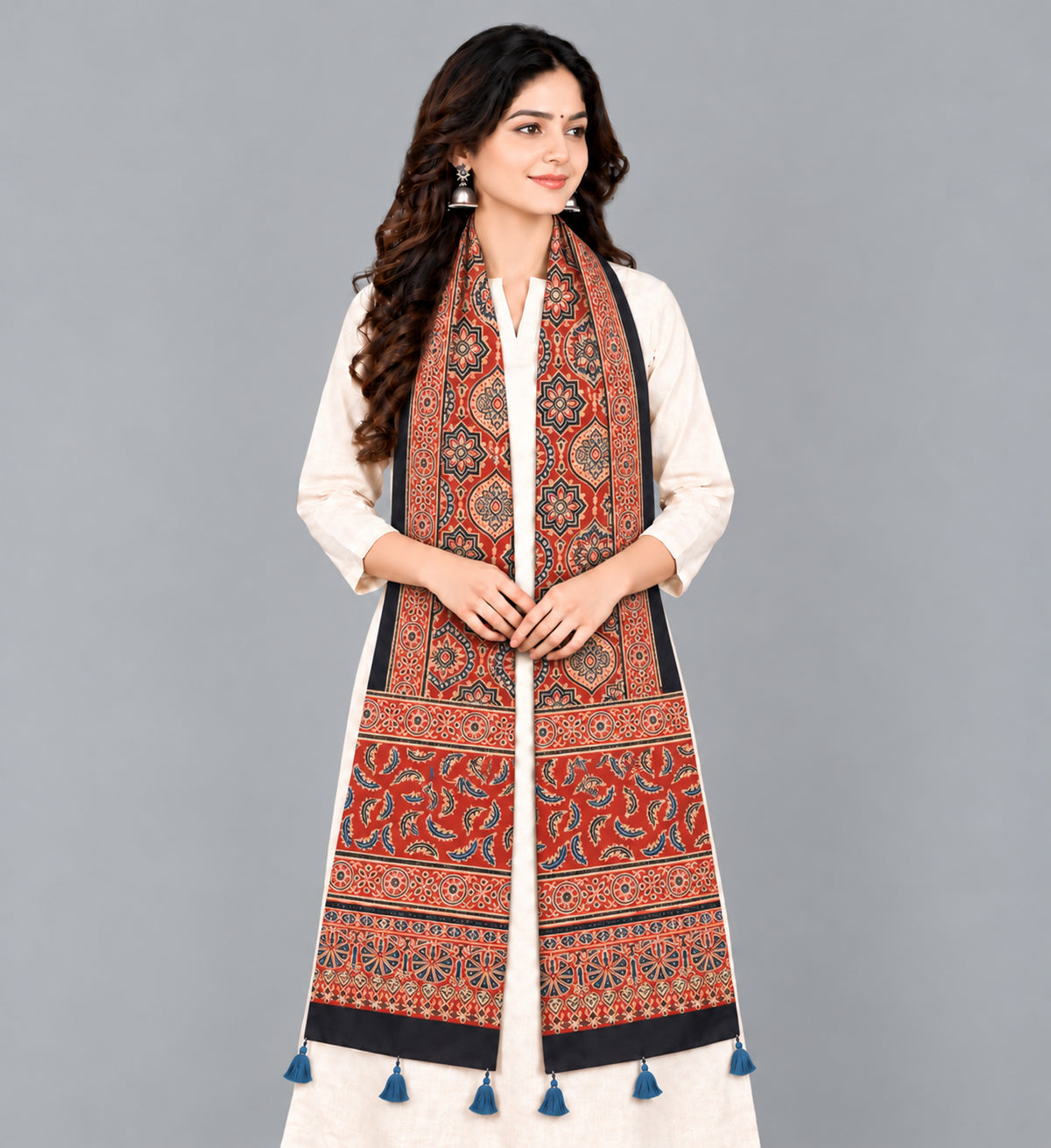 Ajrakh Modal Silk Natural Dye Hand Block Print Stole With Tassels - 2 Mtr Length   -  SKU : EK28901L