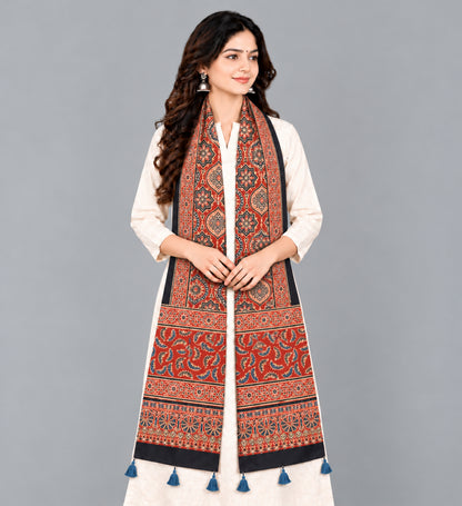 Ajrakh Modal Silk Natural Dye Hand Block Print Stole With Tassels - 2 Mtr Length   -  SKU : EK28901L
