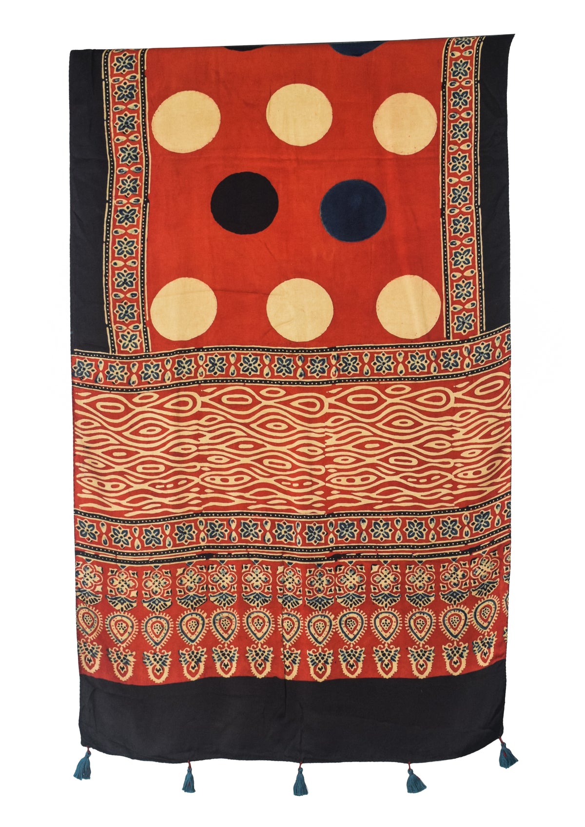 Ajrakh Modal Silk Natural Dye Hand Block Print Stole With Tassels - 2 Mtr Length   -  SKU : EK28901M