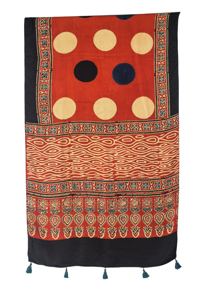 Ajrakh Modal Silk Natural Dye Hand Block Print Stole With Tassels - 2 Mtr Length   -  SKU : EK28901M