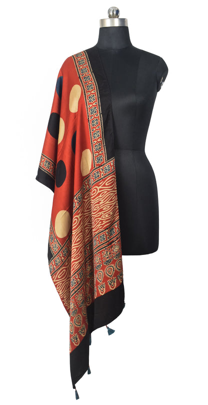 Ajrakh Modal Silk Natural Dye Hand Block Print Stole With Tassels - 2 Mtr Length   -  SKU : EK28901M
