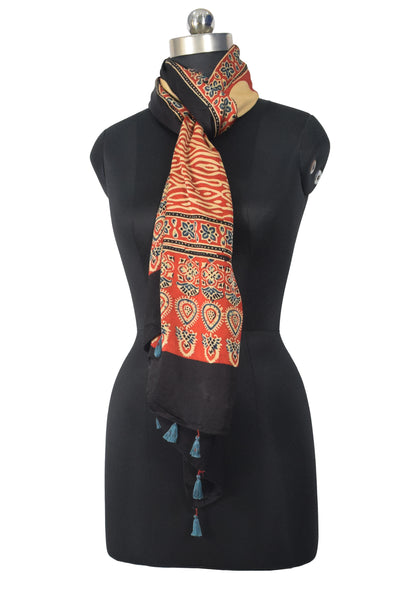 Ajrakh Modal Silk Natural Dye Hand Block Print Stole With Tassels - 2 Mtr Length   -  SKU : EK28901M