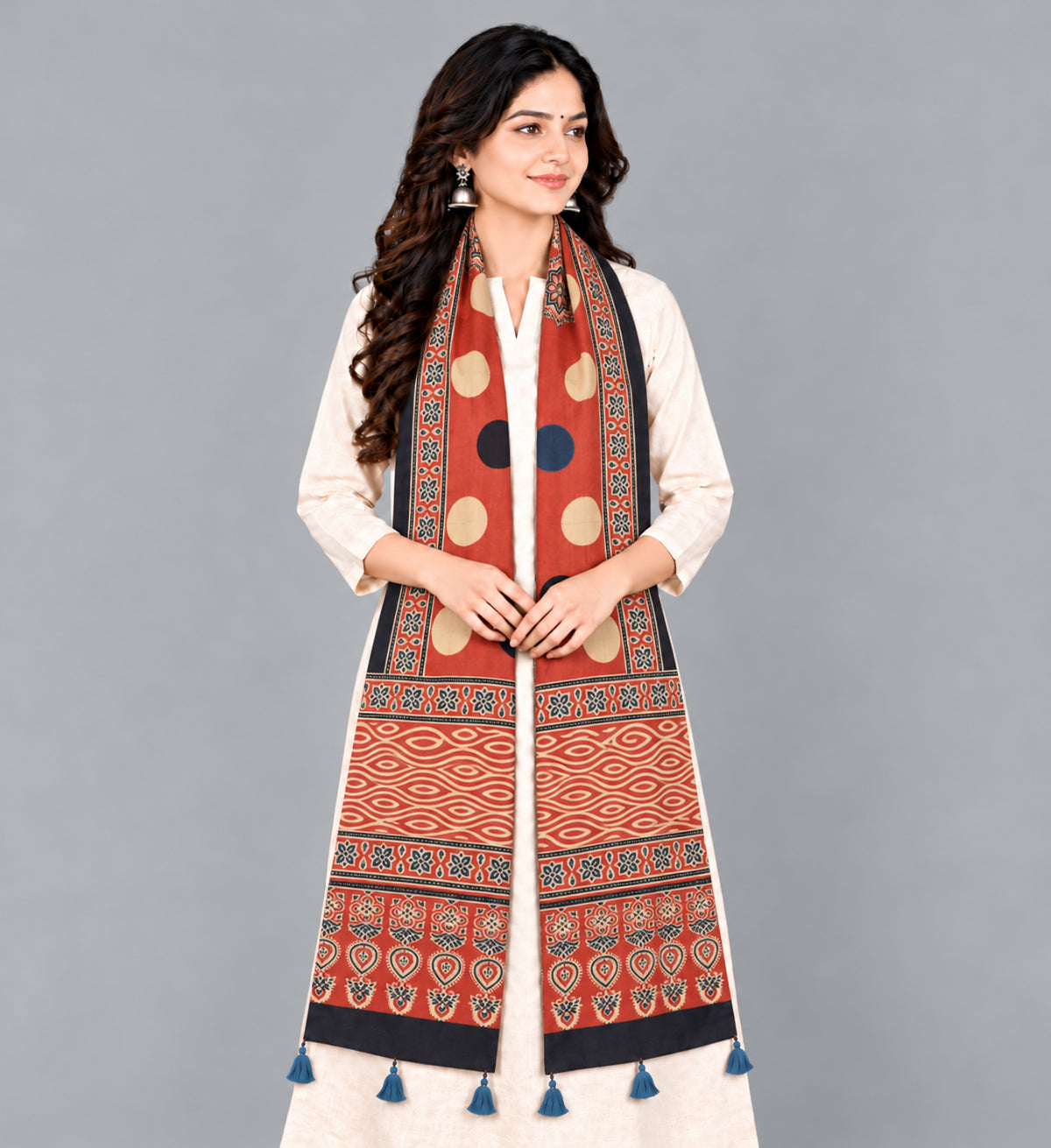 Ajrakh Modal Silk Natural Dye Hand Block Print Stole With Tassels - 2 Mtr Length   -  SKU : EK28901M