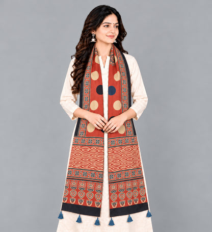 Ajrakh Modal Silk Natural Dye Hand Block Print Stole With Tassels - 2 Mtr Length   -  SKU : EK28901M