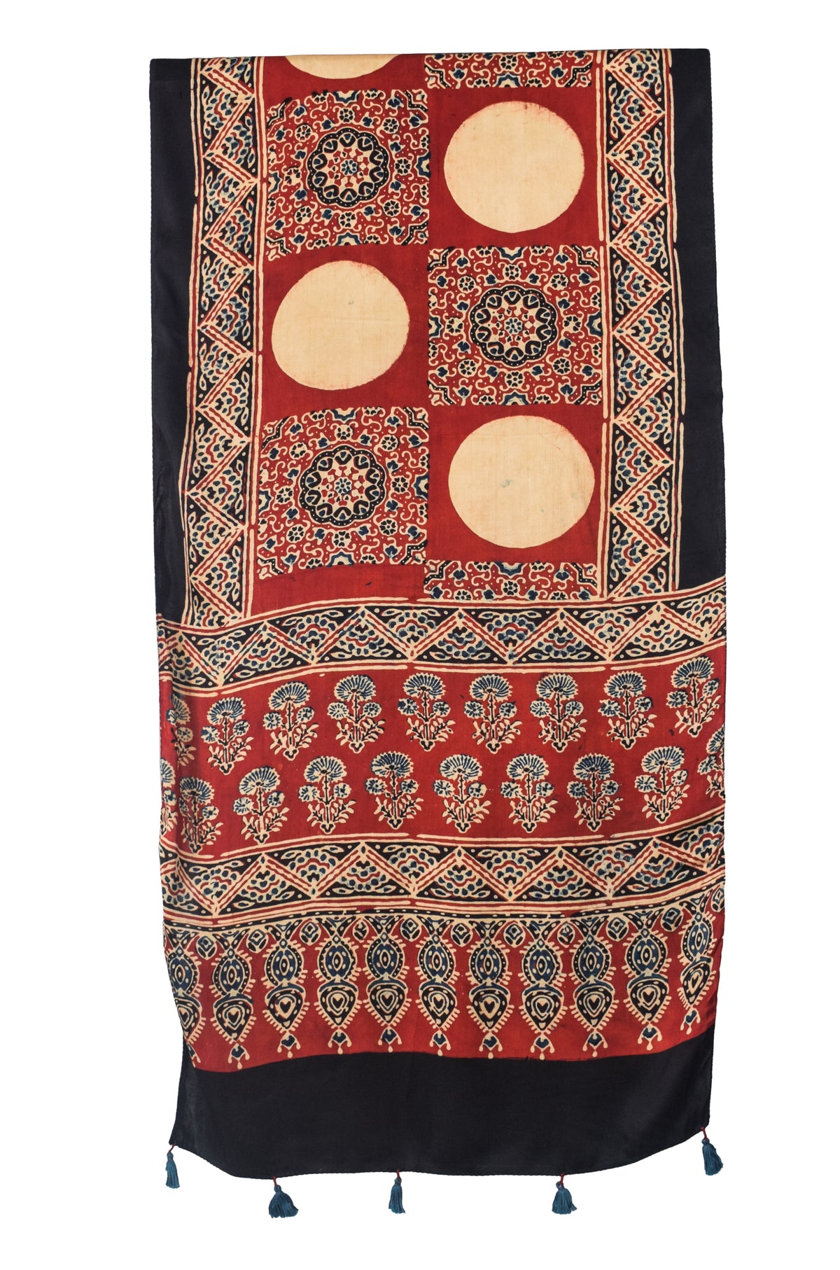 Ajrakh Modal Silk Natural Dye Hand Block Print Stole With Tassels - 2 Mtr Length   -  SKU : EK28901N