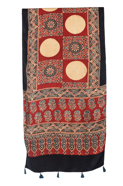 Ajrakh Modal Silk Natural Dye Hand Block Print Stole With Tassels - 2 Mtr Length   -  SKU : EK28901N