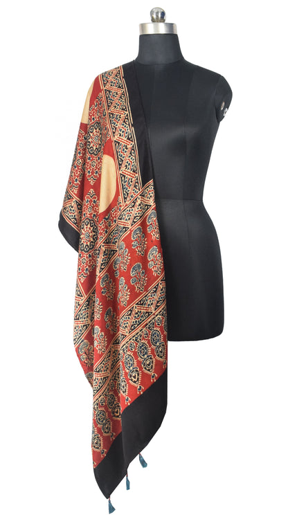 Ajrakh Modal Silk Natural Dye Hand Block Print Stole With Tassels - 2 Mtr Length   -  SKU : EK28901N