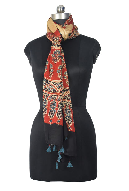 Ajrakh Modal Silk Natural Dye Hand Block Print Stole With Tassels - 2 Mtr Length   -  SKU : EK28901N
