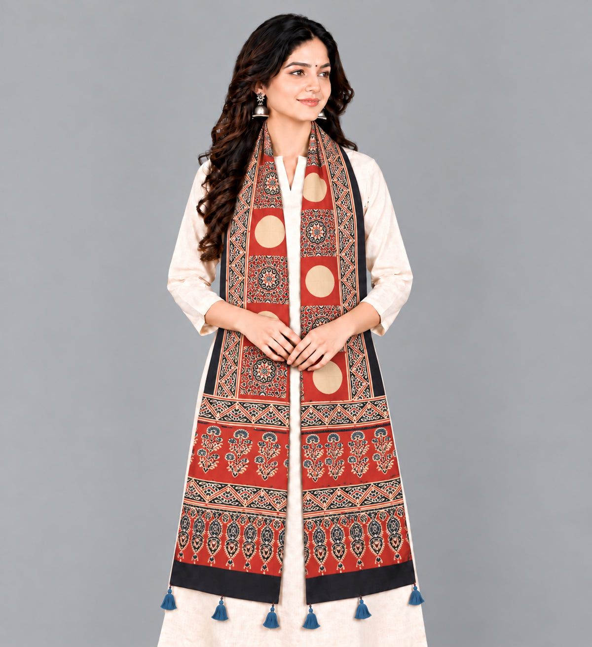 Ajrakh Modal Silk Natural Dye Hand Block Print Stole With Tassels - 2 Mtr Length   -  SKU : EK28901N