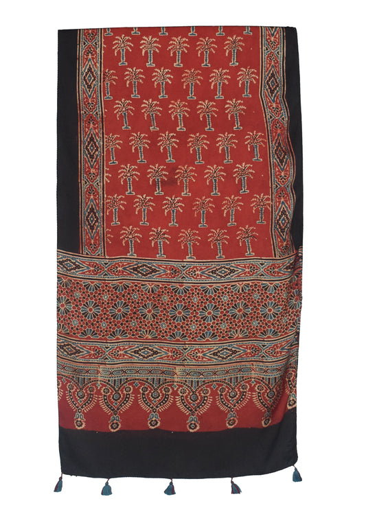 Ajrakh Modal Silk Natural Dye Hand Block Print Stole With Tassels - 2 Mtr Length    -  SKU : ID07C01B