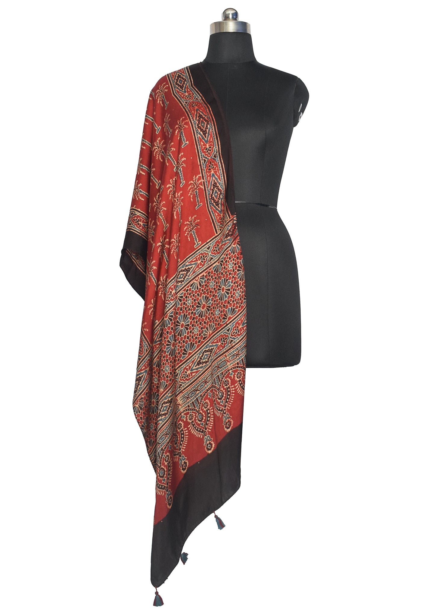 Ajrakh Modal Silk Natural Dye Hand Block Print Stole With Tassels - 2 Mtr Length    -  SKU : ID07C01B