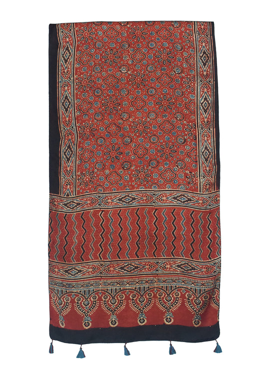 Ajrakh Modal Silk Natural Dye Hand Block Print Stole With Tassels - 2 Mtr Length    -  SKU : ID07C01D