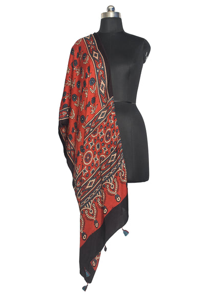 Ajrakh Modal Silk Natural Dye Hand Block Print Stole With Tassels - 2 Mtr Length    -  SKU : ID07C01F