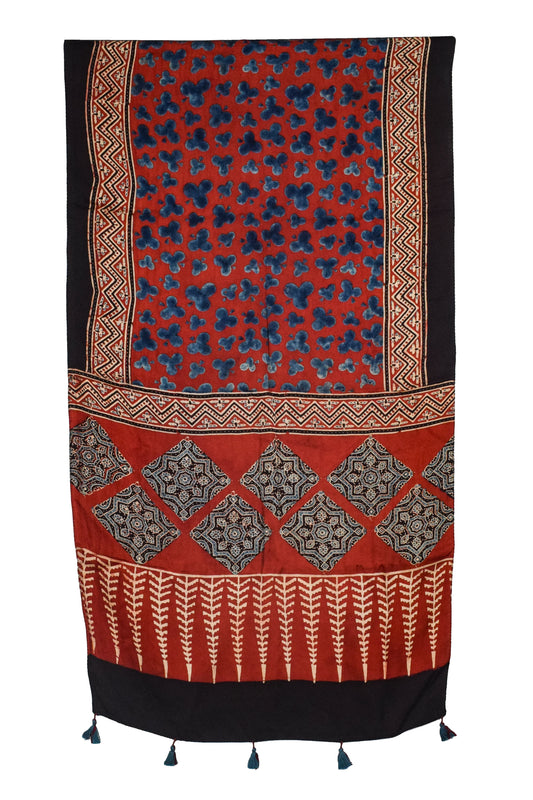 Ajrakh Modal Silk Natural Dye Hand Block Print Stole With Tassels - 2 Mtr Length - SKU : ID10201A