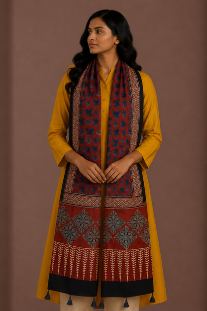 Ajrakh Modal Silk Natural Dye Hand Block Print Stole With Tassels - 2 Mtr Length    -  SKU : ID10201A