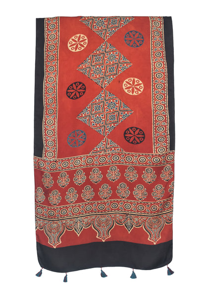 Ajrakh Modal Silk Natural Dye Hand Block Print Stole With Tassels - 2 Mtr Length    -  SKU : ID27C02A