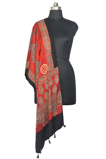 Ajrakh Modal Silk Natural Dye Hand Block Print Stole With Tassels - 2 Mtr Length    -  SKU : ID27C02A