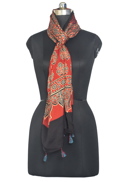 Ajrakh Modal Silk Natural Dye Hand Block Print Stole With Tassels - 2 Mtr Length    -  SKU : ID27C02A