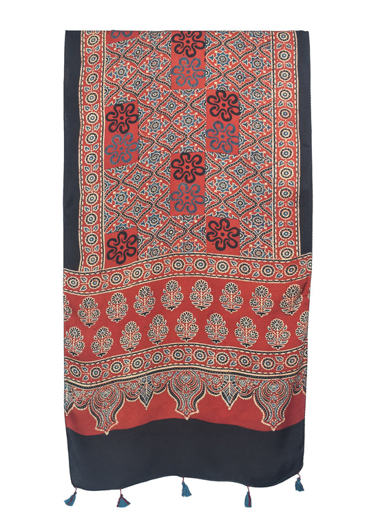 Ajrakh Modal Silk Natural Dye Hand Block Print Stole With Tassels - 2 Mtr Length    -  SKU : ID27C02B