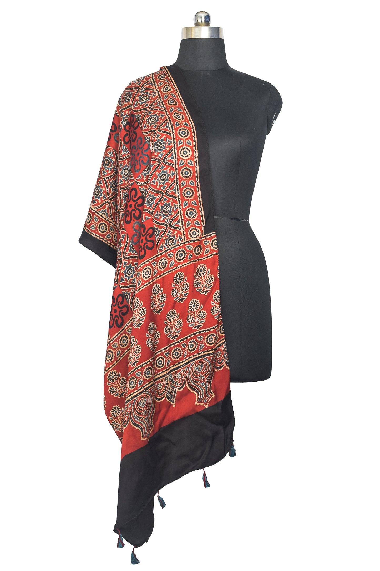 Ajrakh Modal Silk Natural Dye Hand Block Print Stole With Tassels - 2 Mtr Length    -  SKU : ID27C02B