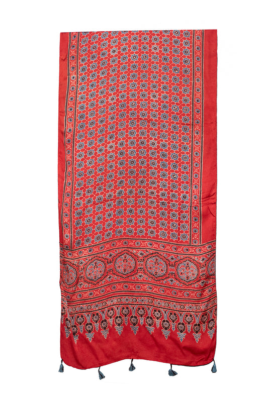 Ajrakh Modal Silk Natural Dye Hand Block Print Stole With Tassels - 2 Mtr Length    -  SKU : MS12A01A