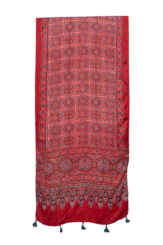 Ajrakh Modal Silk Natural Dye Hand Block Print Stole With Tassels - 2 Mtr Length    -  SKU : MS12A01C